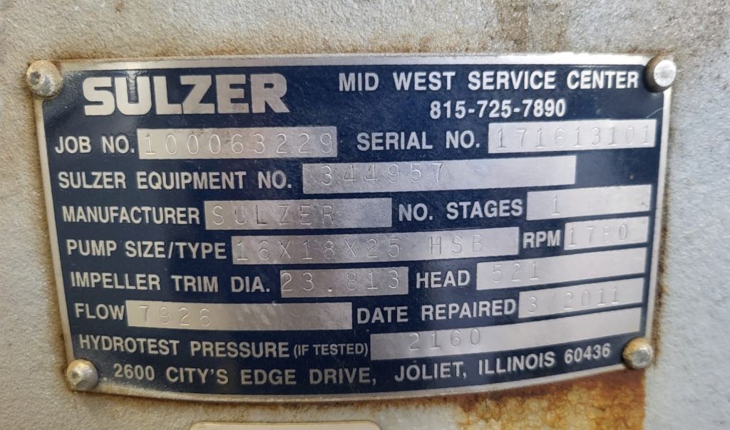 Used Sulzer Bingham 16x18x25 HSB Horizontal Single-Stage